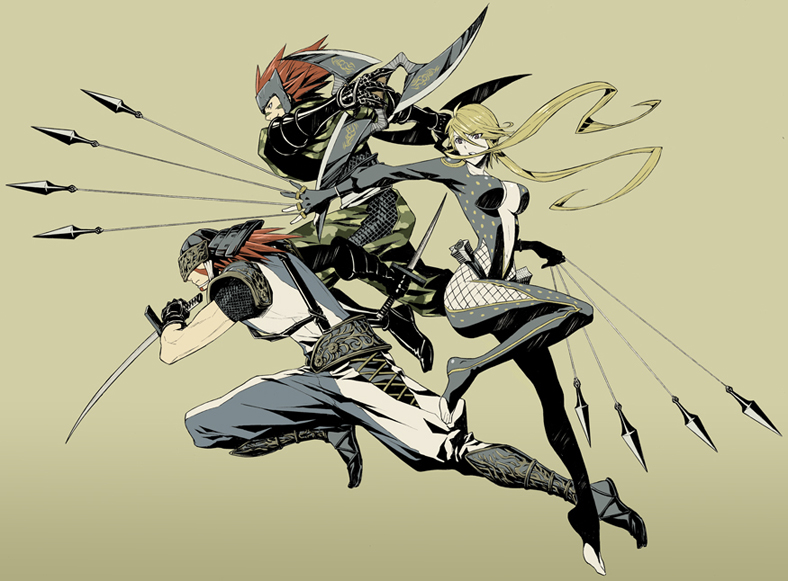 yukimaru (artist), yukimaru (hanaryu), fuuma kotarou (sengoku basara), kasuga, kasuga (sengoku basara), sarutobi sasuke, sarutobi sasuke (sengoku basara), yukimaru, sengoku basara, 00s, 1girl, 2boys, barefoot, feet, katana, knife, kunai, multiple boys, ninja, reverse grip, sword, toeless legwear, toes, weapon