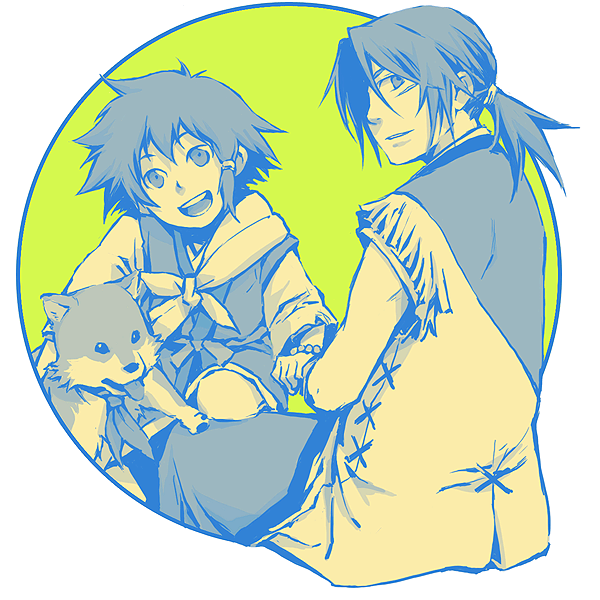 tame, kotarou (stranger), nanashi (stranger), tobimaru (stranger), stranger mukou hadan, bad id, bad pixiv id, 00s, 2boys, asymmetrical hair, japanese clothes, male focus, multiple boys, ponytail, scar, white background