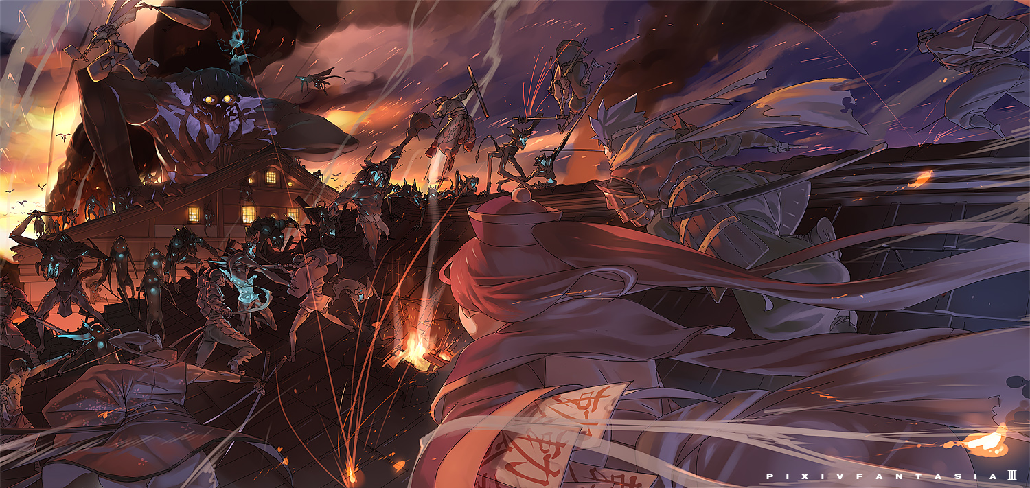ryota-h, pixiv fantasia, pixiv fantasia 3, 6+boys, akatsuhara empire, battle, cleaver, club (weapon), epic, fire, floating, giant, gigandal federation, hatchet, katana, male focus, monster, multiple boys, nata (tool), shield, smoke, sword, weapon, wind