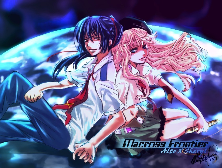 mf, mf (mizukif), saotome alto, sheryl nome, macross, macross frontier, 00s, 1boy, 1girl, arusheri, blue eyes, blue hair, microphone, pink hair