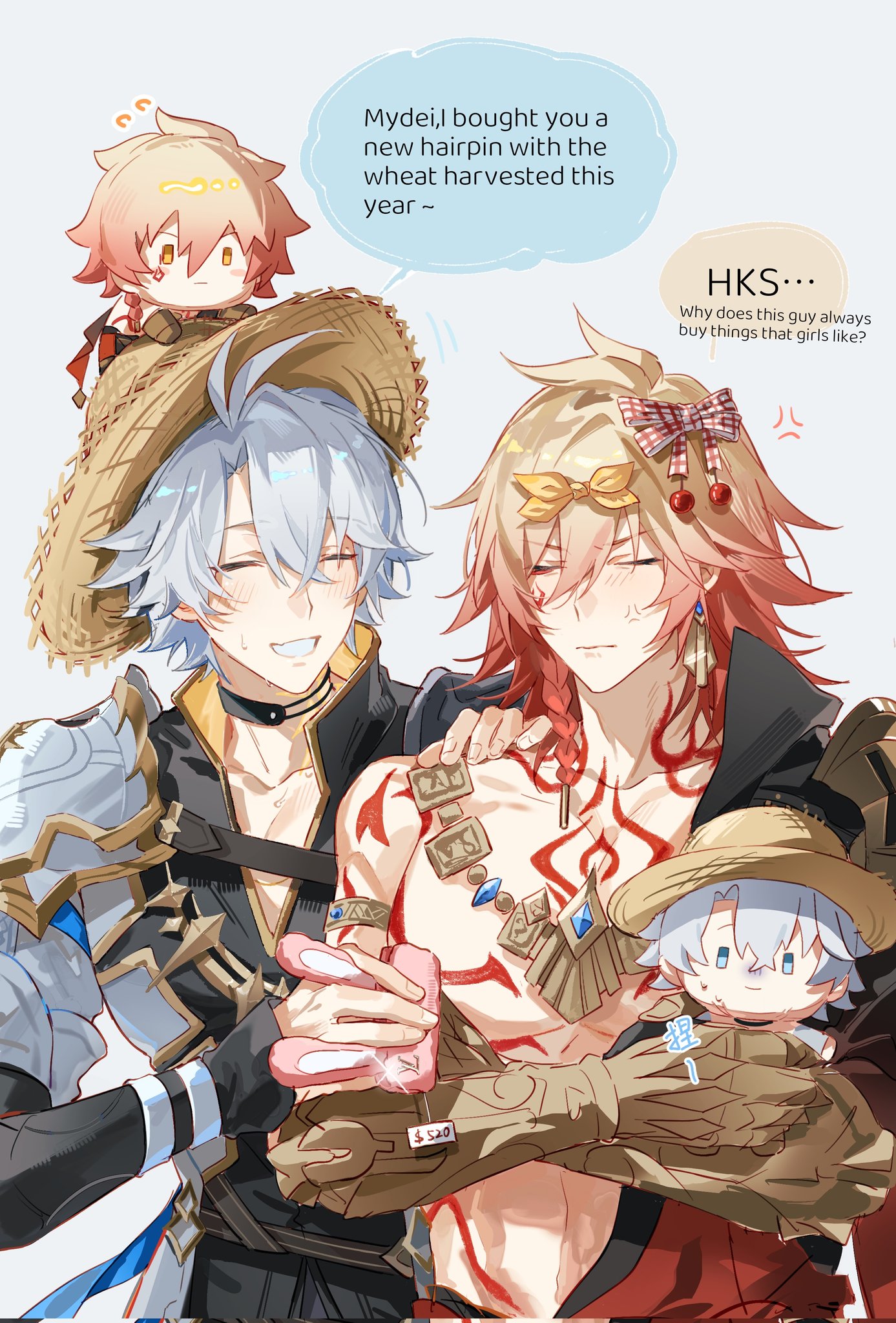 oh qing yang, mydei (honkai: star rail), phainon (honkai: star rail), honkai: star rail, honkai (series), hashtag-only commentary, highres, 2boys, anger vein, antenna hair, arm tattoo, armlet, armor, black choker, black coat, black shirt, blonde hair, bow, braid, character doll, chest tattoo, choker, clawed gauntlets, closed eyes, coat, doll, earrings, facial tattoo, gold earrings, gold necklace, gradient hair, grey background, hat, jewelry, male focus, medium hair, multicolored hair, multiple boys, neck tattoo, necklace, open clothes, open coat, parted bangs, pauldrons, red bow, red hair, red tattoo, shirt, short hair, shoulder armor, side braid, simple background, single pauldron, straw hat, sun symbol, sun tattoo, tan, tattoo, white coat, white hair, yaoi, yellow bow