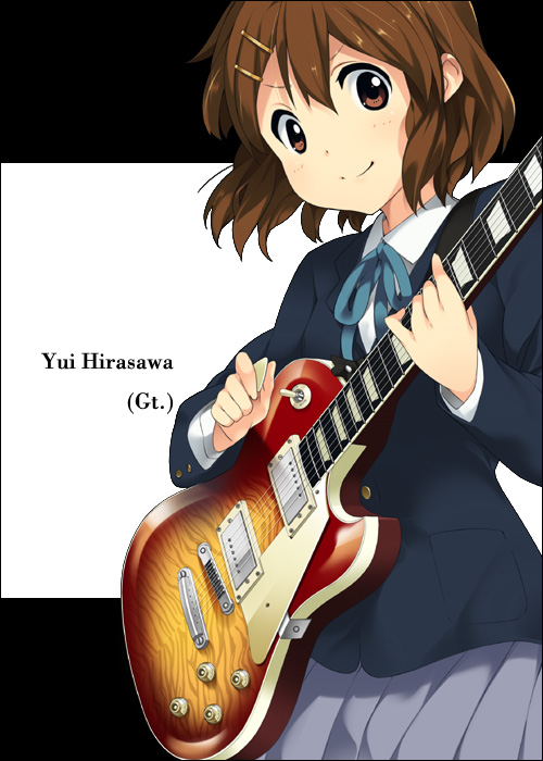 mizuki makoto, hirasawa yui, k-on!, 00s, 1girl, artistic error, brown eyes, brown hair, female focus, gibson les paul, guitar, hair ornament, hairclip, instrument, school uniform, short hair, skirt, solo