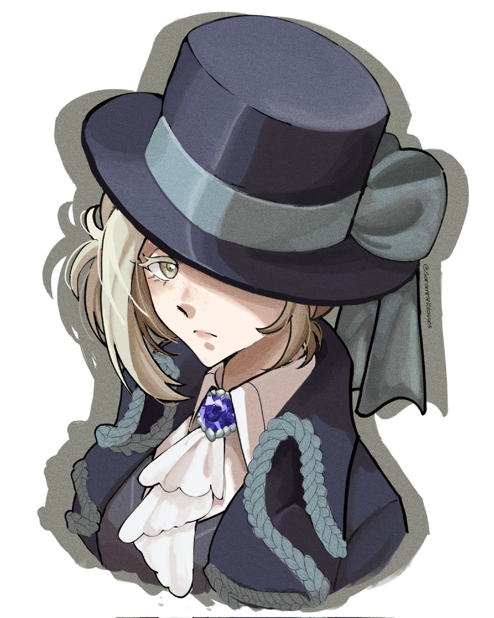 vertin (reverse:1999), reverse:1999, highres, 1girl, :/, ascot, black coat, black hat, blue bow, boater hat, bow, coat, collared shirt, cropped torso, drop shadow, grey hair, hair bun, hat, hat bow, hat over one eye, looking at viewer, one eye covered, saramin, shirt, single side bun, solo, upper body, white ascot, white background, white shirt