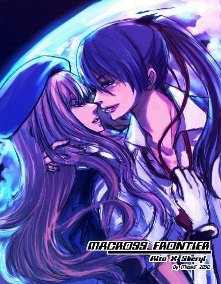 f. mizuki, mf (mizukif), saotome alto, sheryl nome, frontier, macross, macross frontier, hand on head, 00s, 1boy, 1girl, :d, arusheri, beret, blue hair, bracelet, couple, dress shirt, dutch angle, earth (planet), elbow gloves, eye contact, gloves, hair ribbon, hat, hetero, hug, imminent kiss, jewelry, lips, long hair, looking at another, necktie, open mouth, pink theme, planet, ponytail, profile, purple hair, ribbon, shirt, sidelocks, smile, space, upper body, wavy hair, white gloves