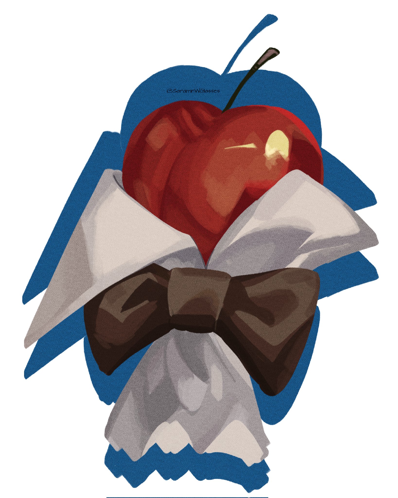 apple (reverse:1999), reverse:1999, highres, apple, black bow, black bowtie, bow, bowtie, drop shadow, food, fruit, fruit focus, no humans, saramin, still life, traditional bowtie, white background