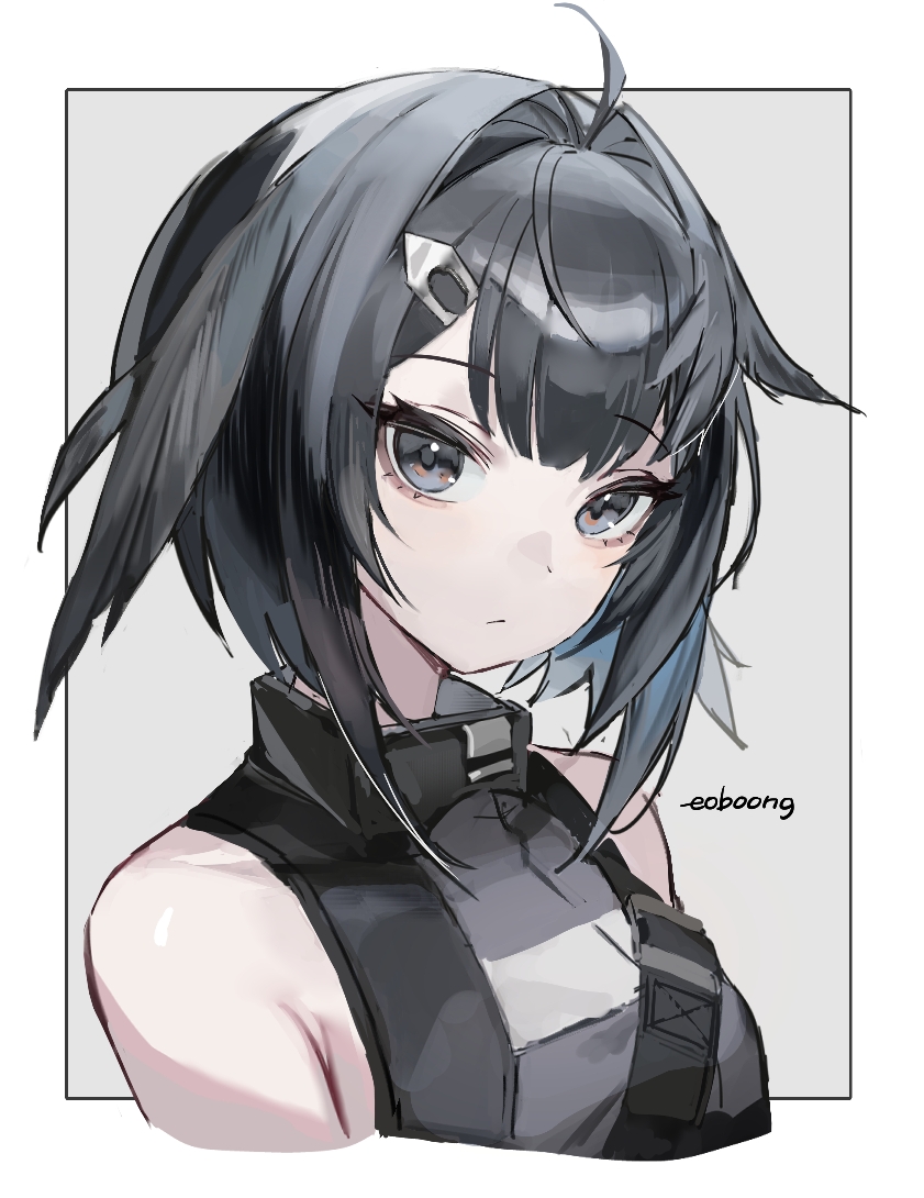 la pluma (arknights), arknights, commentary, english commentary, 1girl, ahoge, artist name, black eyes, black hair, black shirt, breasts, chest harness, closed mouth, cropped torso, eoboong, expressionless, feather hair, grey background, hair intakes, hair ornament, hairclip, happy birthday, harness, looking at viewer, outside border, portrait, shirt, short hair, simple background, sleeveless, small breasts, solo