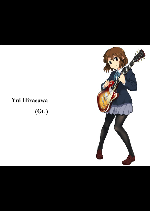 mizuki makoto, hirasawa yui, k-on!, 00s, 1girl, brown eyes, brown hair, female focus, guitar, hair ornament, hairclip, instrument, miniskirt, pantyhose, pleated skirt, school uniform, short hair, simple background, skirt, smile, solo