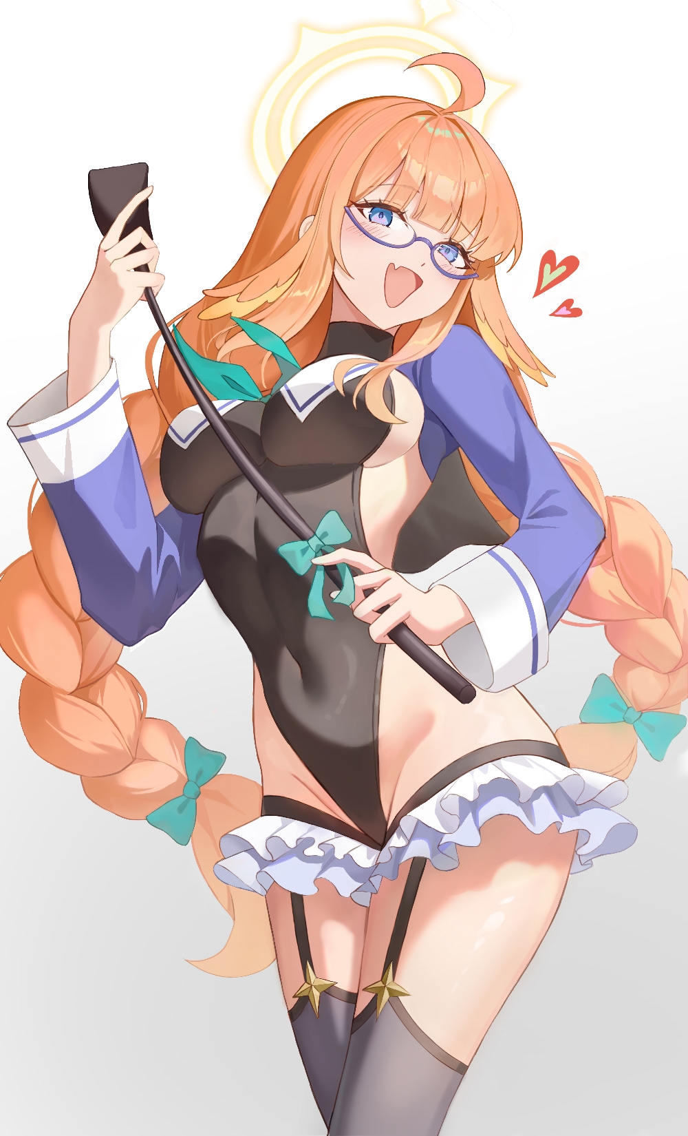 kama (kama ovo), shimiko (blue archive), shimiko (magical) (blue archive), blue archive, commentary, highres, 1girl, ahoge, aqua eyes, aqua neckerchief, black-framed eyewear, black gloves, black leotard, black thighhighs, blue sailor collar, blue shrug, blush, border, braid, breasts, covered navel, fang, feather hair, feathers, glasses, gloves, half gloves, halo, holding, holding riding crop, large breasts, leotard, long hair, long sleeves, looking at viewer, low twin braids, neckerchief, open mouth, riding crop, sailor collar, semi-rimless eyewear, shrug (clothing), skin fang, smile, solo, super highleg, teeth, thighhighs, thighs, twin braids, upper teeth only, very long hair, yellow feathers, yellow halo
