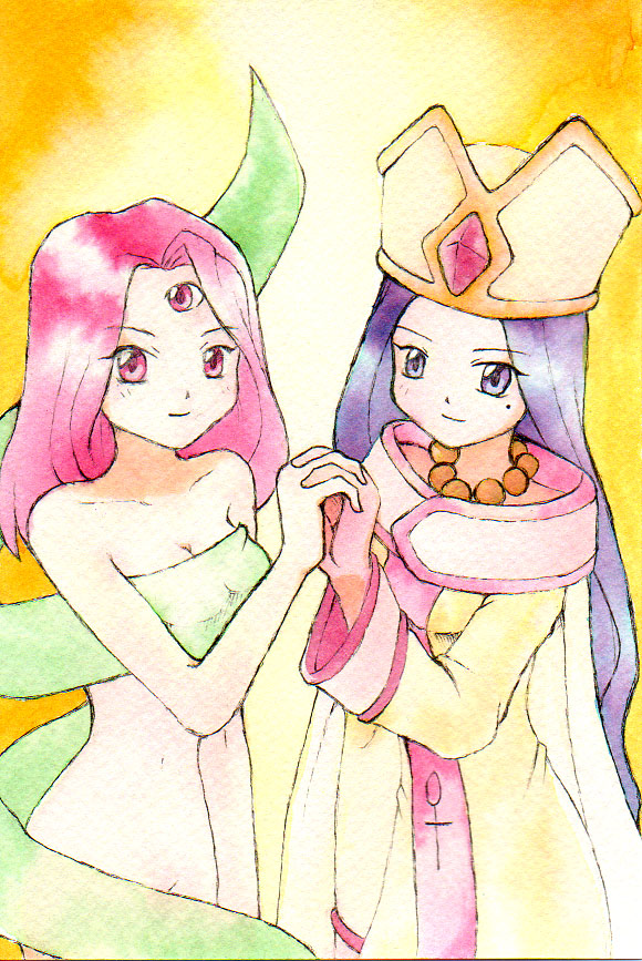 proton, empress (magical drop), world (magical drop), data east, magical drop, bad id, bad pixiv id, 2girls, hat, long hair, mole, mole under eye, multiple girls, naked ribbon, pink eyes, pink hair, purple eyes, purple hair, ribbon, robe, short hair, sketch, smile, third eye