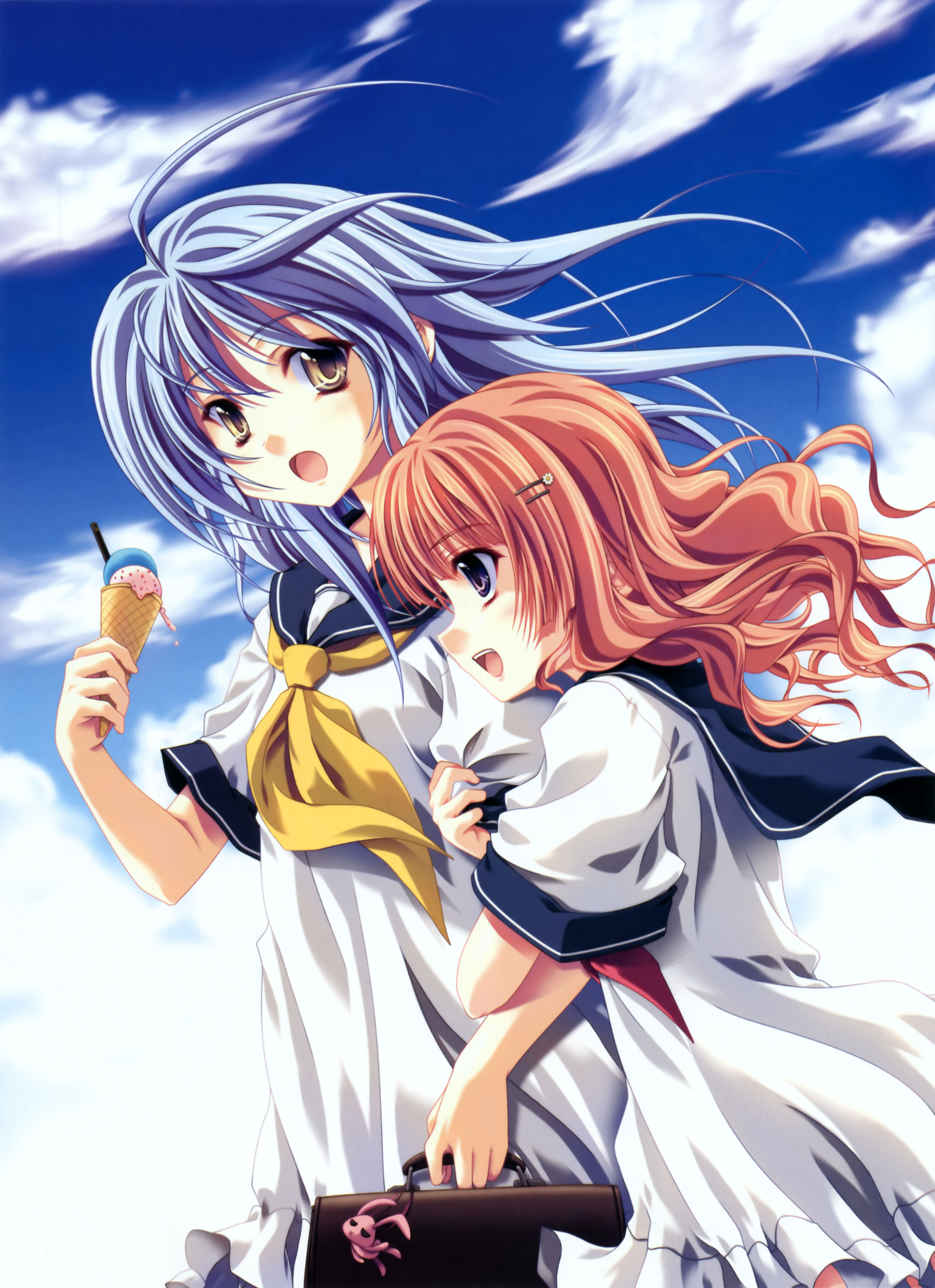 miyama-zero, arm grab, absurdres, highres, 2girls, :d, :o, blue hair, cloud, day, dress, food, holding another's arm, ice cream, ice cream cone, multiple girls, open mouth, orange hair, purple eyes, sailor dress, school uniform, sky, smile, yellow eyes