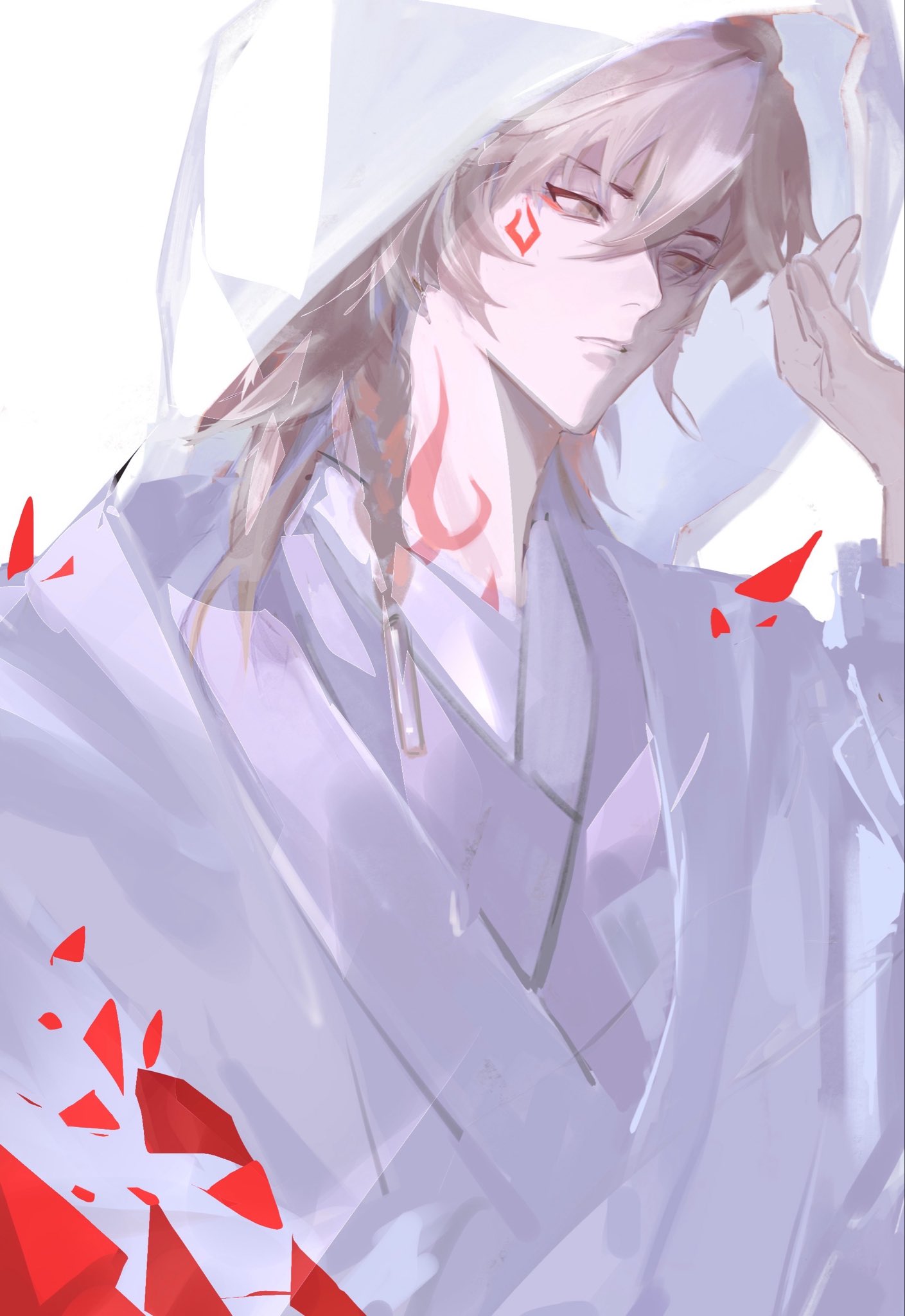 sheunsnzh, mydei (honkai: star rail), honkai: star rail, honkai (series), highres, 1boy, blonde hair, braid, facial tattoo, gradient hair, japanese clothes, kimono, male focus, medium hair, multicolored hair, neck tattoo, red hair, red tattoo, side braid, solo, tattoo, veil, white kimono, white veil, yellow eyes