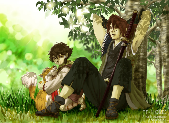 nagamune rika, rika nagamune, kotarou (stranger), nanashi (stranger), tobimaru (stranger), stranger mukou hadan, 00s, 2boys, black hair, brown hair, dog, grass, japanese clothes, katana, male focus, multiple boys, sheath, sheathed, sword, weapon