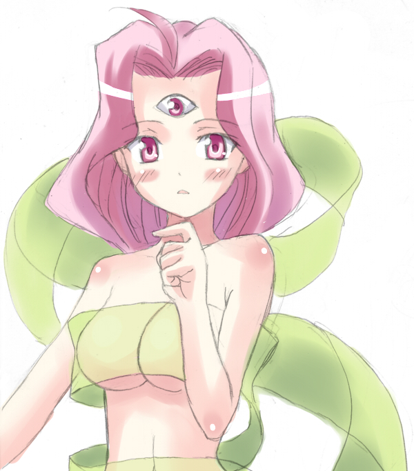keisuke (waopd0g), world (magical drop), magical drop, bad id, bad pixiv id, blush, breasts, large breasts, naked ribbon, pink eyes, pink hair, ribbon, see-through clothes, short hair, sketch, third eye, underboob