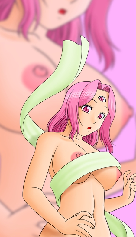 haru (hall), world (magical drop), magical drop, 1girl, breasts, facing viewer, female focus, large breasts, matching hair/eyes, medium breasts, monster girl, naked ribbon, nipples, nude, open mouth, parted bangs, pink background, pink eyes, pink hair, ribbon, short hair, simple background, smile, solo, standing, surprised, third eye, topless frame, upper body, wardrobe malfunction, zoom layer