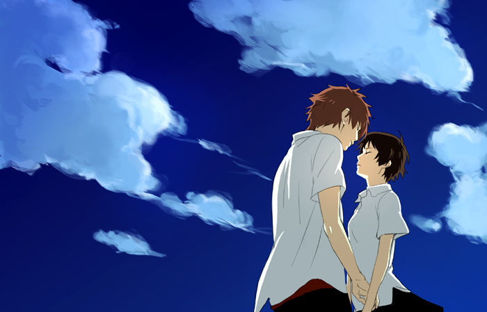 habuki, konno makoto, mamiya chiaki, toki wo kakeru shoujo, 00s, 1boy, 1girl, back, blouse, brown hair, closed eyes, cloud, collared shirt, couple, day, from below, from side, hetero, shirt, short hair, sky, white shirt