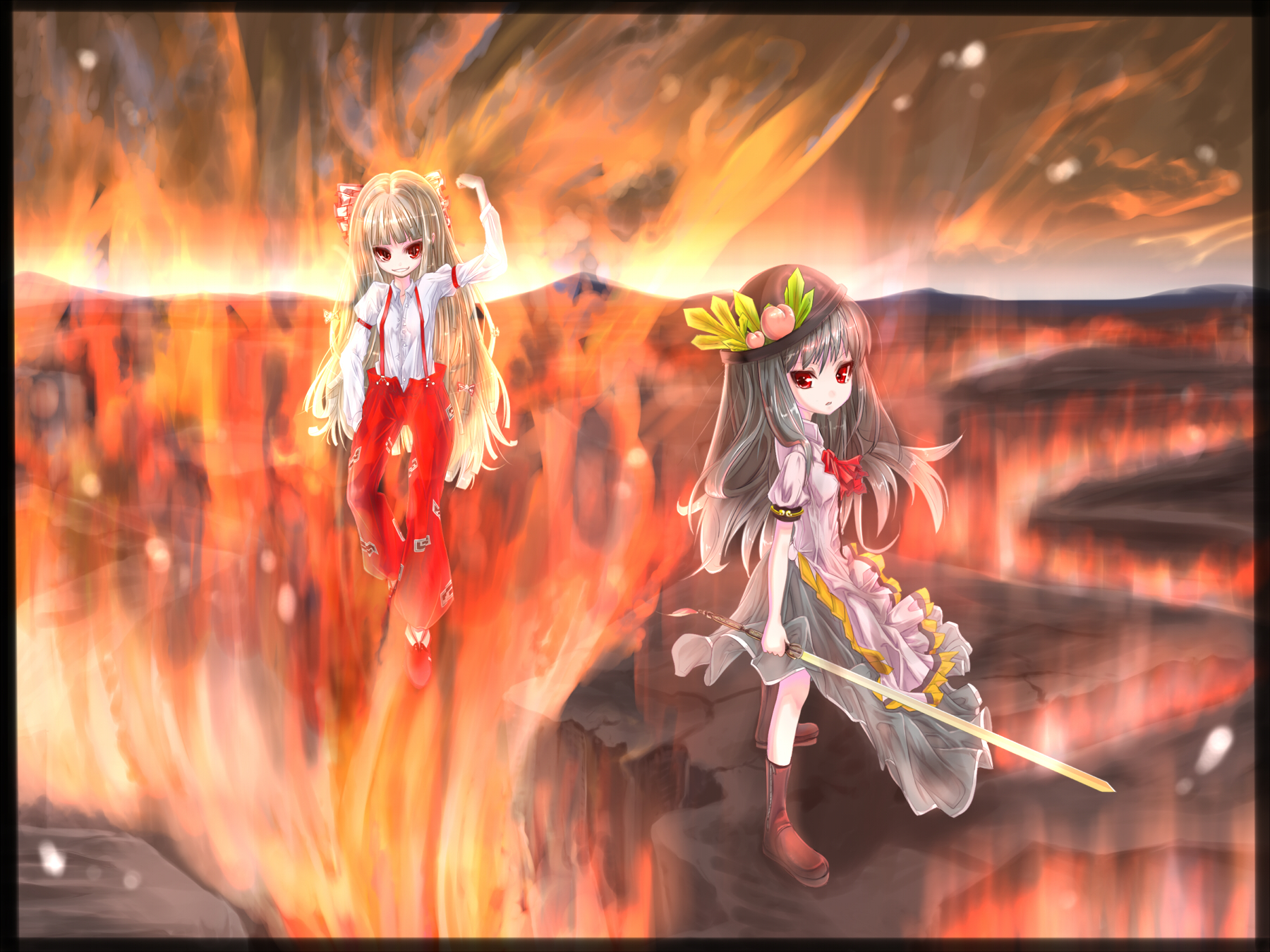 e.x.on, buronko, buront, fujiwara no mokou, hinanawi tenshi, final fantasy, final fantasy xi, touhou, silver hair, bad id, bad pixiv id, highres, 2girls, buront (cosplay), cosplay, female focus, fire, food, fruit, hair ribbon, hat, long hair, multiple girls, pants, peach, red eyes, ribbon, suspenders, sword, sword of hisou, weapon