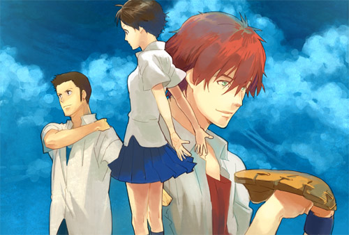 habuki, konno makoto, mamiya chiaki, tsuda kousuke, toki wo kakeru shoujo, lowres, 00s, 1girl, 2boys, baseball glove, brown hair, cloud, day, green eyes, miniskirt, multiple boys, pleated skirt, red hair, school uniform, short hair, skirt, sky