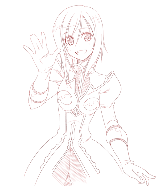 himura kiseki, estellise sidos heurassein, tales of (series), tales of vesperia, 00s, 1girl, female focus, gloves, monochrome, short hair, smile, solo, waving