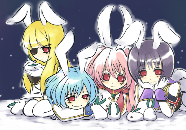 kamiture, chiester00, chiester410, chiester45, chiester556, chiester sisters, umineko no naku koro ni, bad id, bad pixiv id, 00s, 4girls, animal ears, blonde hair, blue hair, eyepatch, long hair, multiple girls, pink hair, purple hair, rabbit, rabbit ears, red eyes, snow rabbit, thighhighs