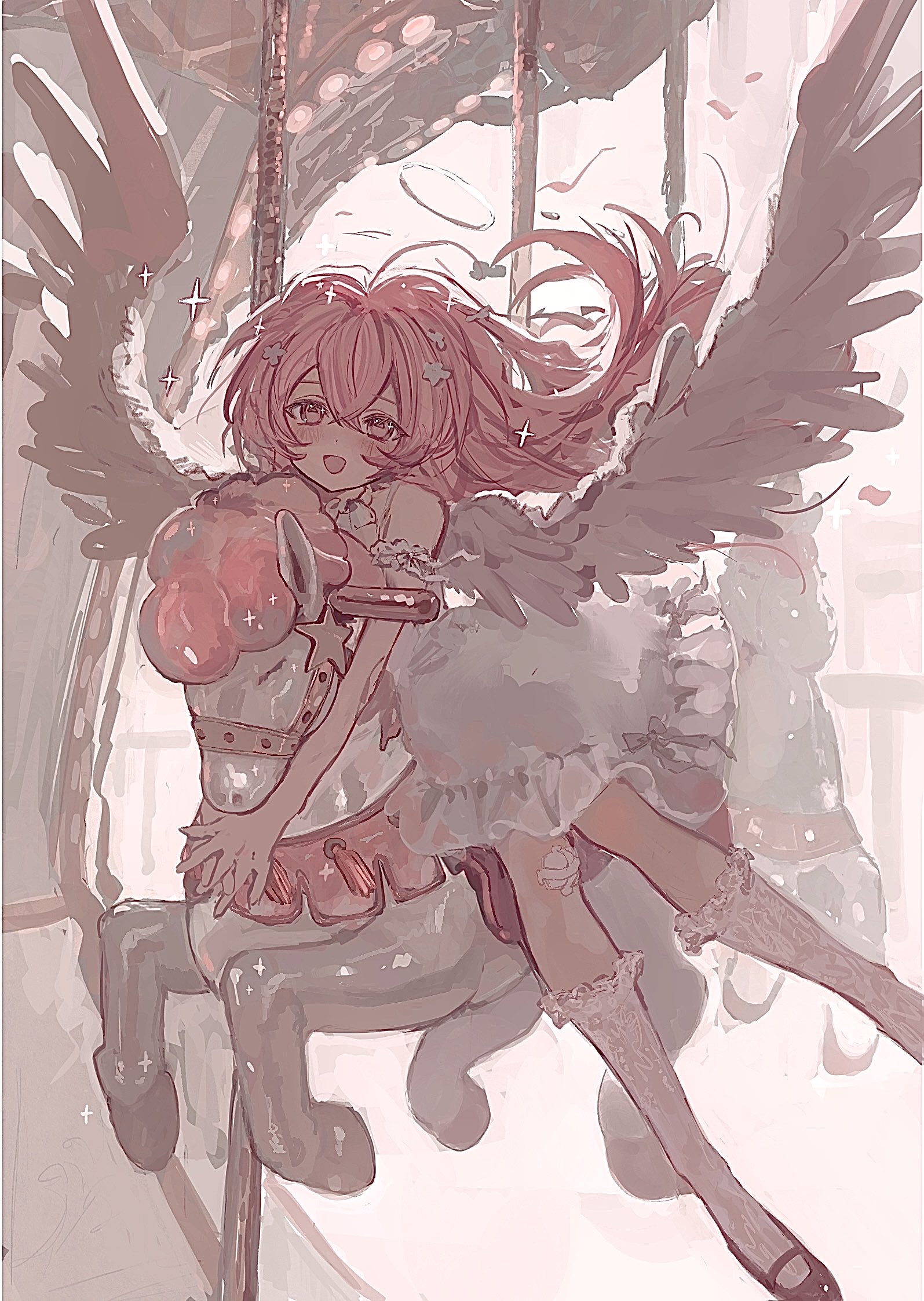 sushineko8, original, highres, 1girl, blush, dress, feathered wings, hair between eyes, hair ornament, pink eyes, pink hair, smile, thighhighs, white background, white dress, wings