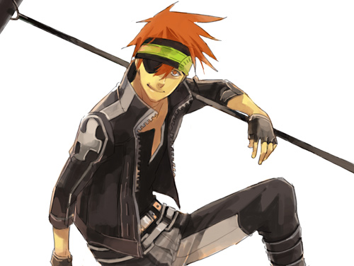 habuki, lavi, d.gray-man, uniform, lowres, 00s, 1boy, eyepatch, fingerless gloves, formal clothes, gloves, headband, male focus, red hair, short hair, simple background, solo, suit