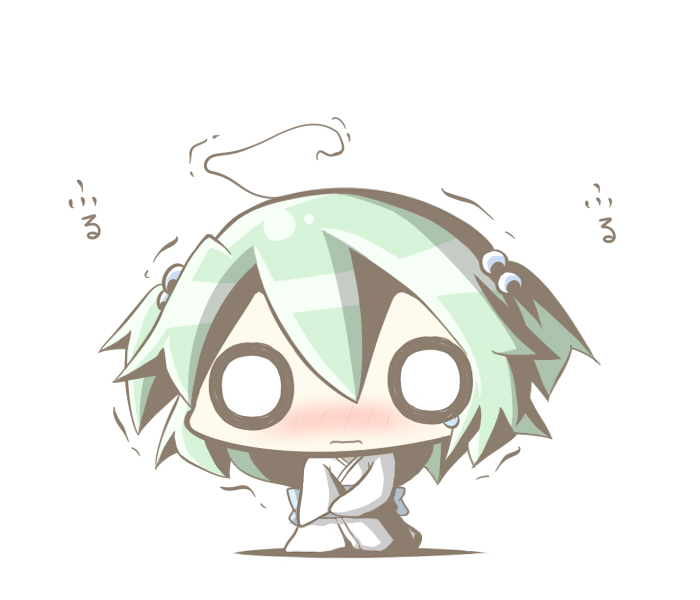 aoblue, kisume, touhou, 1girl, chibi, female focus, full body, green hair, hair bobbles, hair ornament, japanese clothes, kimono, o o, solo, white background