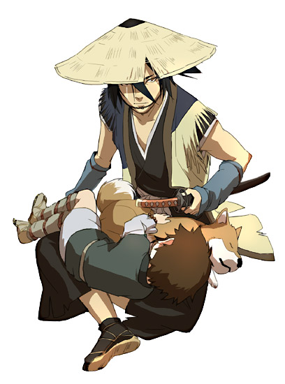 habuki, kotarou (stranger), nanashi (stranger), tobimaru (stranger), stranger mukou hadan, 00s, 2boys, black hair, brown hair, child, dog, hat, japanese clothes, katana, male focus, multiple boys, ribbon, sandals, sheath, sheathed, shiba inu, sleeping, straw hat, sword, weapon