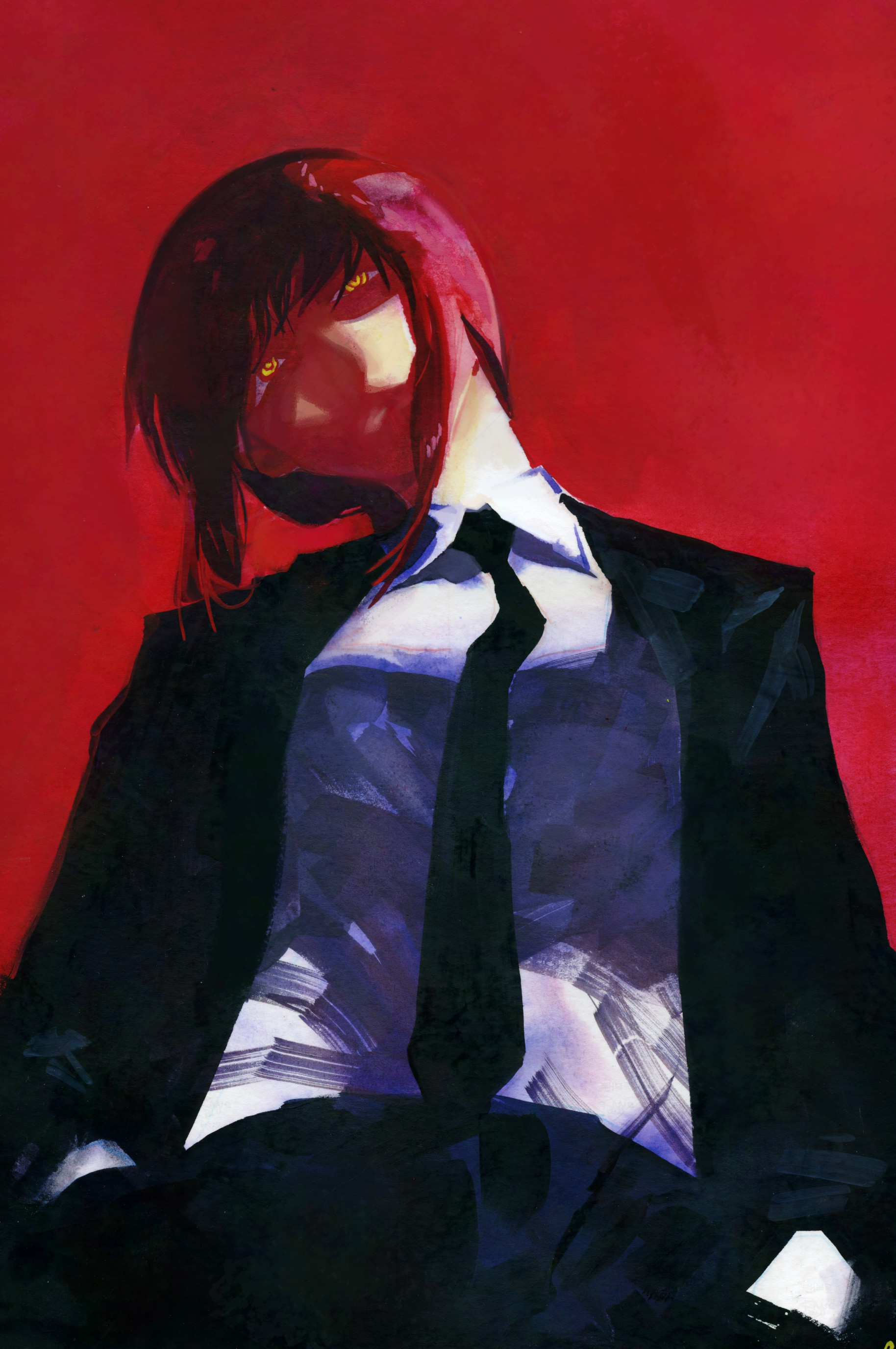 raneblu, makima (chainsaw man), chainsaw man, absurdres, commentary, english commentary, highres, 1girl, black necktie, black pants, black suit, closed mouth, collared shirt, cowboy shot, formal clothes, from below, hands in pockets, necktie, pants, red background, red hair, ringed eyes, shirt, short hair with long locks, solo, suit, white shirt, yellow eyes