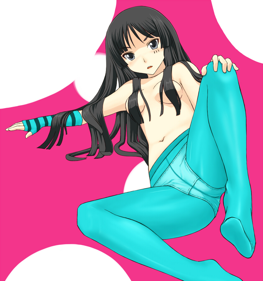 lambdaguti, akiyama mio, don't say "lazy", k-on!, bad id, bad pixiv id, 00s, 1girl, black hair, blue pantyhose, censored, convenient censoring, crotch seam, feet, female focus, fingerless gloves, gloves, hair censor, hair over breasts, navel, panties, panties under pantyhose, pantyhose, see-through clothes, solo, topless female, underwear