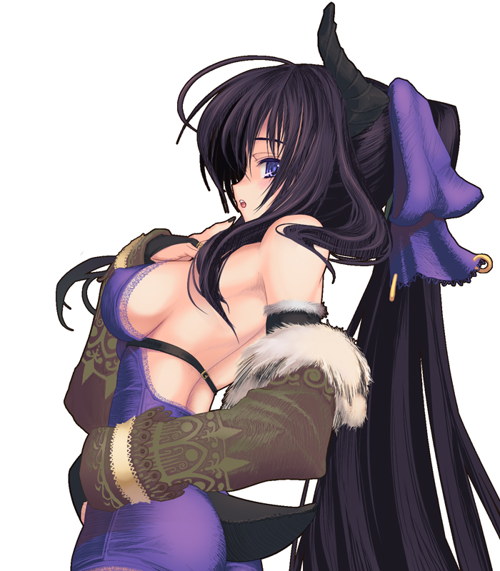 coffee cat, original, fur, 1girl, back, black hair, breasts, covered erect nipples, female focus, horns, large breasts, long hair, purple eyes, sideboob, solo, tail, very long hair