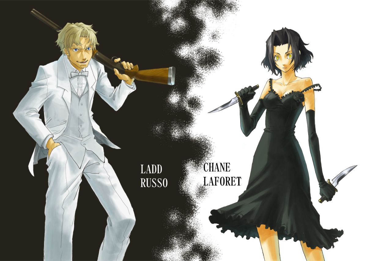 tamuramaro, chane laforet, ladd russo, baccano!, 00s, 1boy, 1girl, black vs white, blue eyes, bow, bowtie, dagger, dress, elbow gloves, formal clothes, gloves, gun, knife, rifle, short hair, suit, traditional bowtie, tuxedo, weapon, yellow eyes