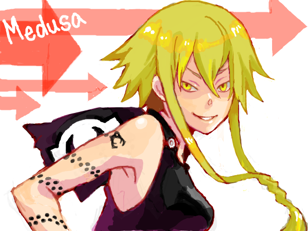 tamuramaro, medusa gorgon, soul eater, bad id, bad pixiv id, 00s, 1girl, arrow (symbol), blonde hair, breasts, female focus, short hair with long locks, solo, witch, yellow eyes