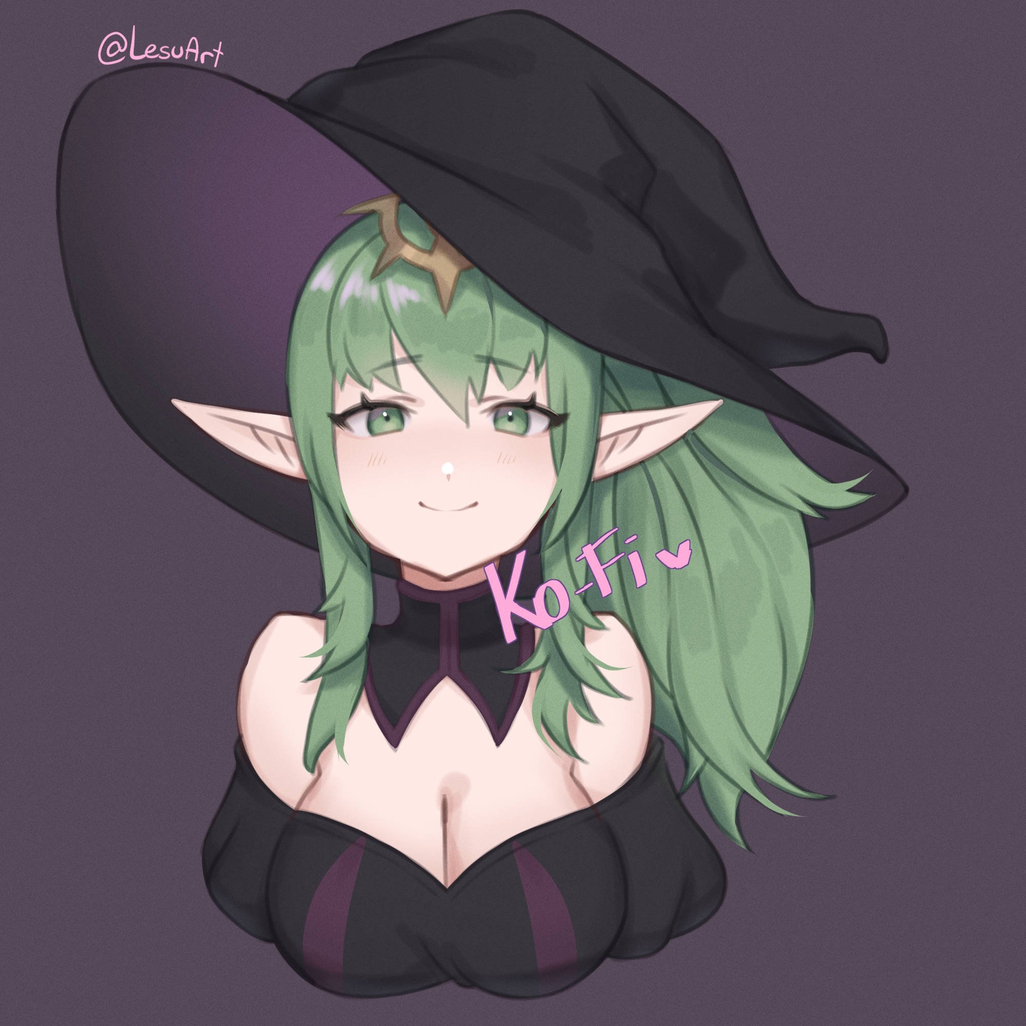 lesu, tiki (adult) (fire emblem), tiki (fire emblem), fire emblem, fire emblem awakening, nintendo, commission, highres, ko-fi commission, 1girl, alternate costume, bare shoulders, black background, black hat, breasts, cleavage, detached collar, green eyes, green hair, hair ornament, hat, jewelry, long hair, looking at viewer, medium breasts, pointy ears, side ponytail, sidelocks, simple background, smile, solo, twitter username, witch hat