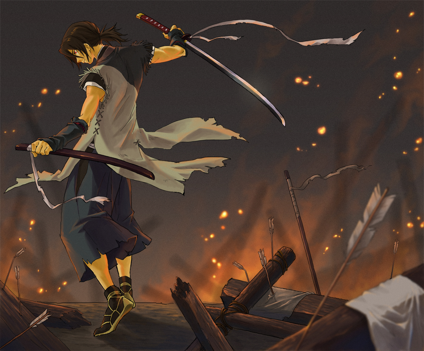 tamuramaro, nanashi (stranger), stranger mukou hadan, 00s, 1boy, arrow (projectile), black hair, fire, japanese clothes, katana, male focus, planted, planted arrow, ribbon, sandals, sheath, solo, sword, weapon