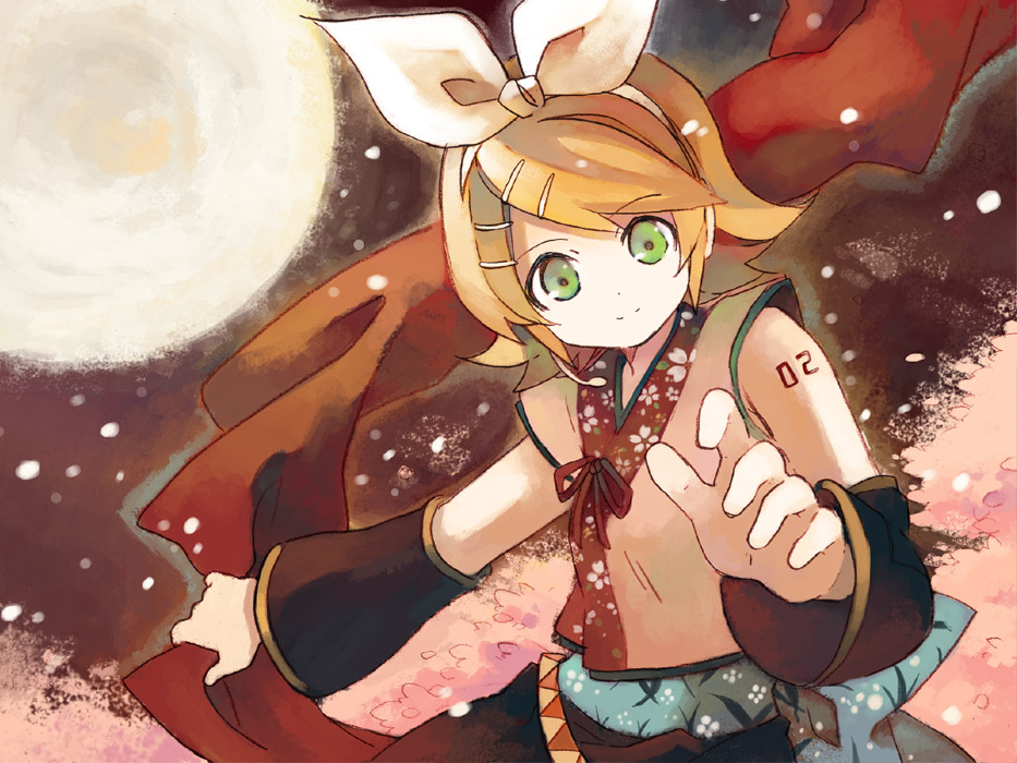 shatiko, kagamine rin, vocaloid, bad id, bad pixiv id, 1girl, bare shoulders, blonde hair, detached sleeves, female focus, green eyes, hair ornament, hairband, hairclip, holding, japanese clothes, looking at viewer, ribbon, shirt, short hair, sleeveless, sleeveless shirt, solo