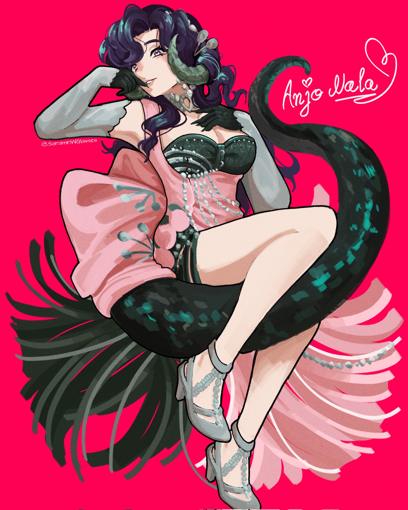 anjo nala, reverse:1999, highres, 1girl, bare shoulders, between legs, black hair, breasts, character name, choker, cleavage, curled horns, dress, elbow gloves, full body, gloves, green tail, grey choker, grey gloves, grey horns, grey shoes, grin, hands up, high heels, horns, knees up, large breasts, lizard tail, long dress, long hair, looking up, low horns, pink dress, purple eyes, red background, saramin, shoes, sleeveless, sleeveless dress, smile, solo, tail, tail between legs, turning head