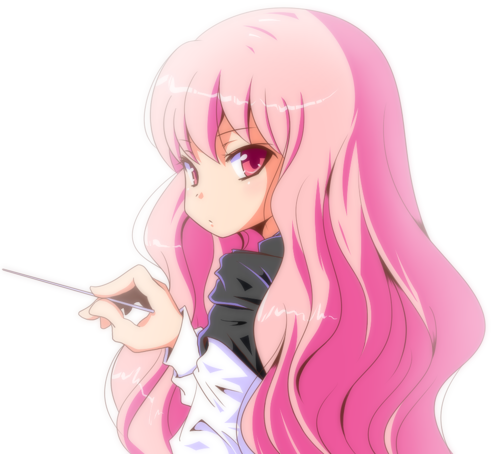 take (office-t), louise francoise le blanc de la valliere, zero no tsukaima, bad id, bad pixiv id, 00s, 1girl, cape, female focus, long hair, looking at viewer, looking back, pink eyes, pink hair, simple background, solo, wand