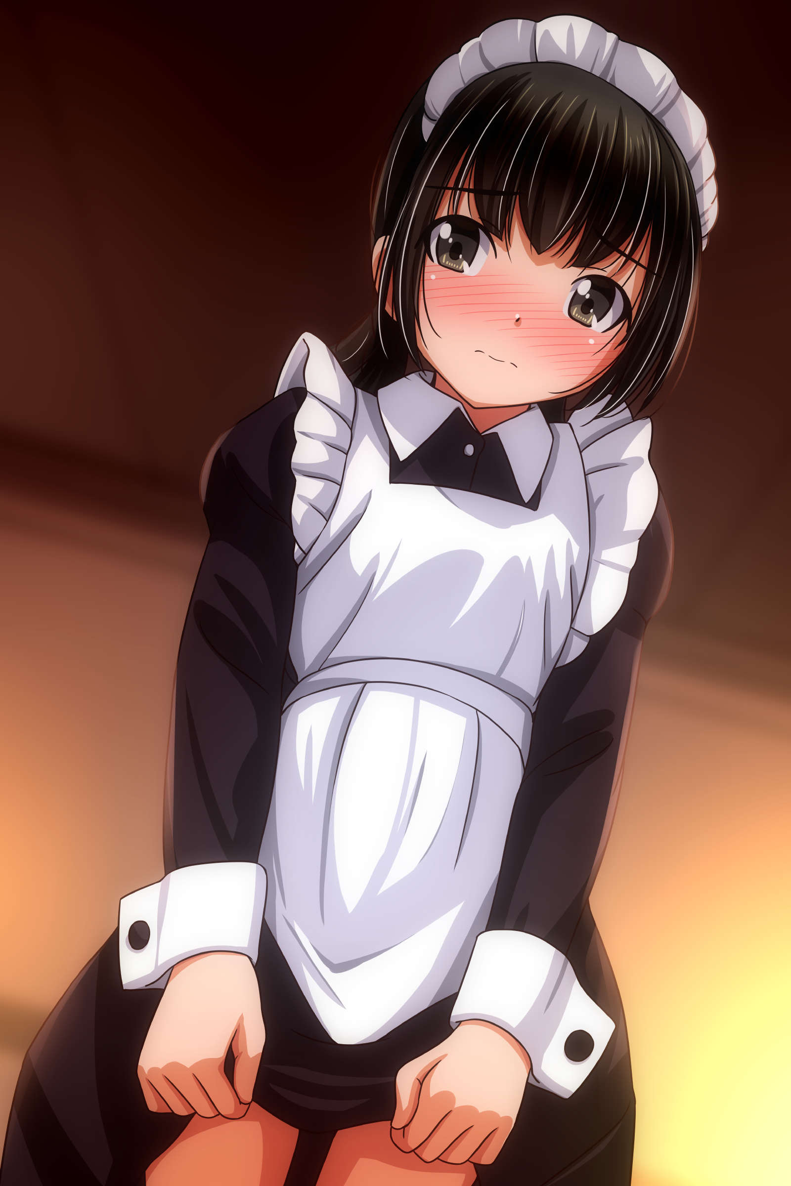 matsunaga kouyou, original, absurdres, commentary request, highres, 1girl, apron, black dress, black hair, blush, brown eyes, closed mouth, dress, long sleeves, looking at viewer, maid, maid headdress, nose blush, solo, white apron