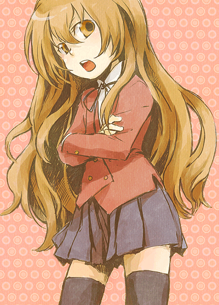 tame, aisaka taiga, toradora!, bad id, bad pixiv id, 00s, 1girl, blonde hair, brown eyes, brown hair, crossed arms, female focus, long hair, miniskirt, pleated skirt, school uniform, skirt, solo, thighhighs, very long hair, zettai ryouiki