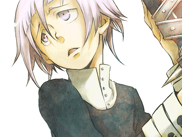 tame, crona (soul eater), ragnarok (soul eater), soul eater, looking away, bad id, bad pixiv id, gender request, 00s, :<, androgynous, black dress, cuff links, dress, high collar, open mouth, pink eyes, pink hair, short hair, solo, sword, weapon