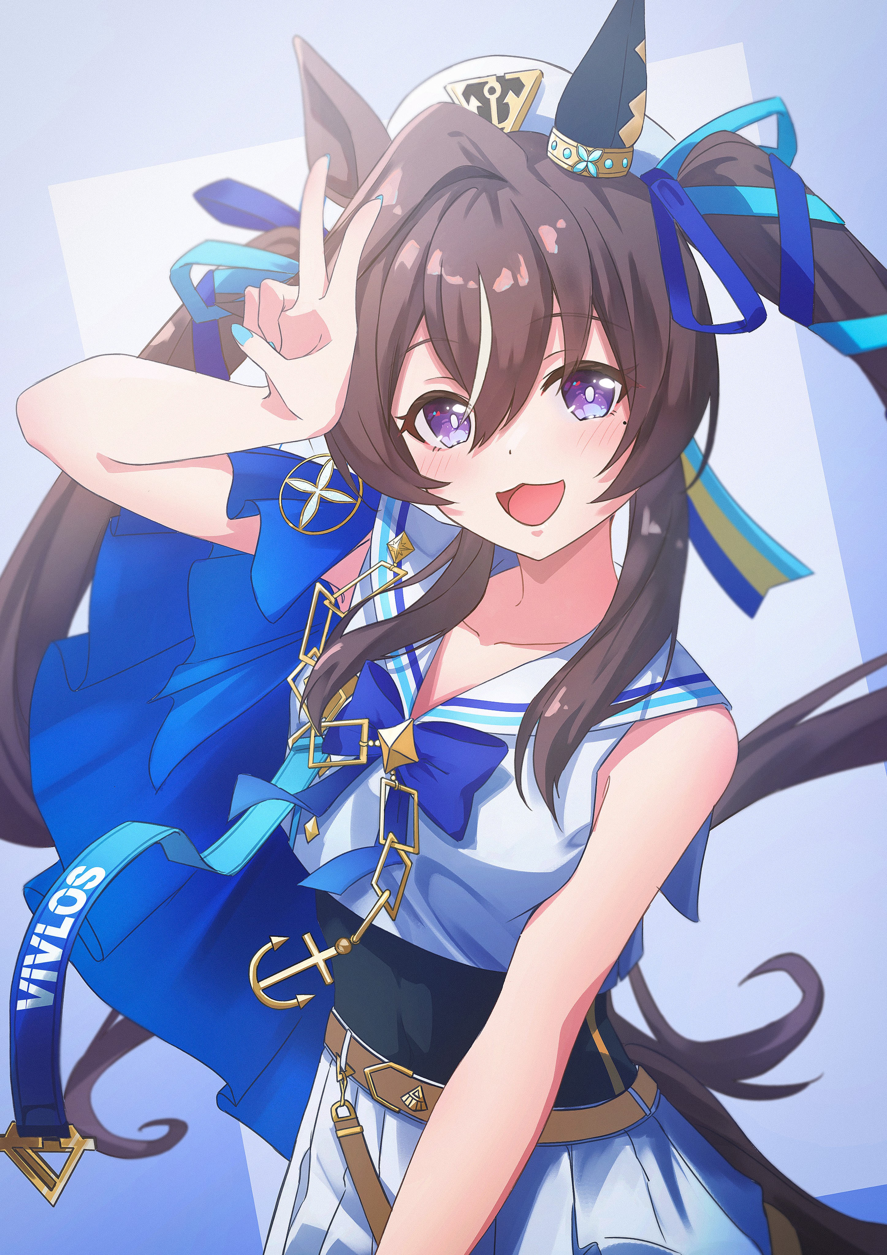 negoma54, vivlos (umamusume), vivlos (voyage etincelant) (umamusume), umamusume, absurdres, commentary request, highres, 1girl, :3, animal ears, black hair, blue bow, blue bowtie, blue nails, blue ribbon, blush, bow, bowtie, bright pupils, character name, crop top, ear covers, fingernails, hair ribbon, hat, horse ears, horse girl, horse tail, long hair, looking at viewer, miniskirt, nail polish, open mouth, purple eyes, ribbon, sailor collar, shirt, single ear cover, skirt, sleeveless, sleeveless shirt, smile, solo, tail, twintails, v, white hat, white pupils, white sailor collar, white shirt, white skirt, white streaks