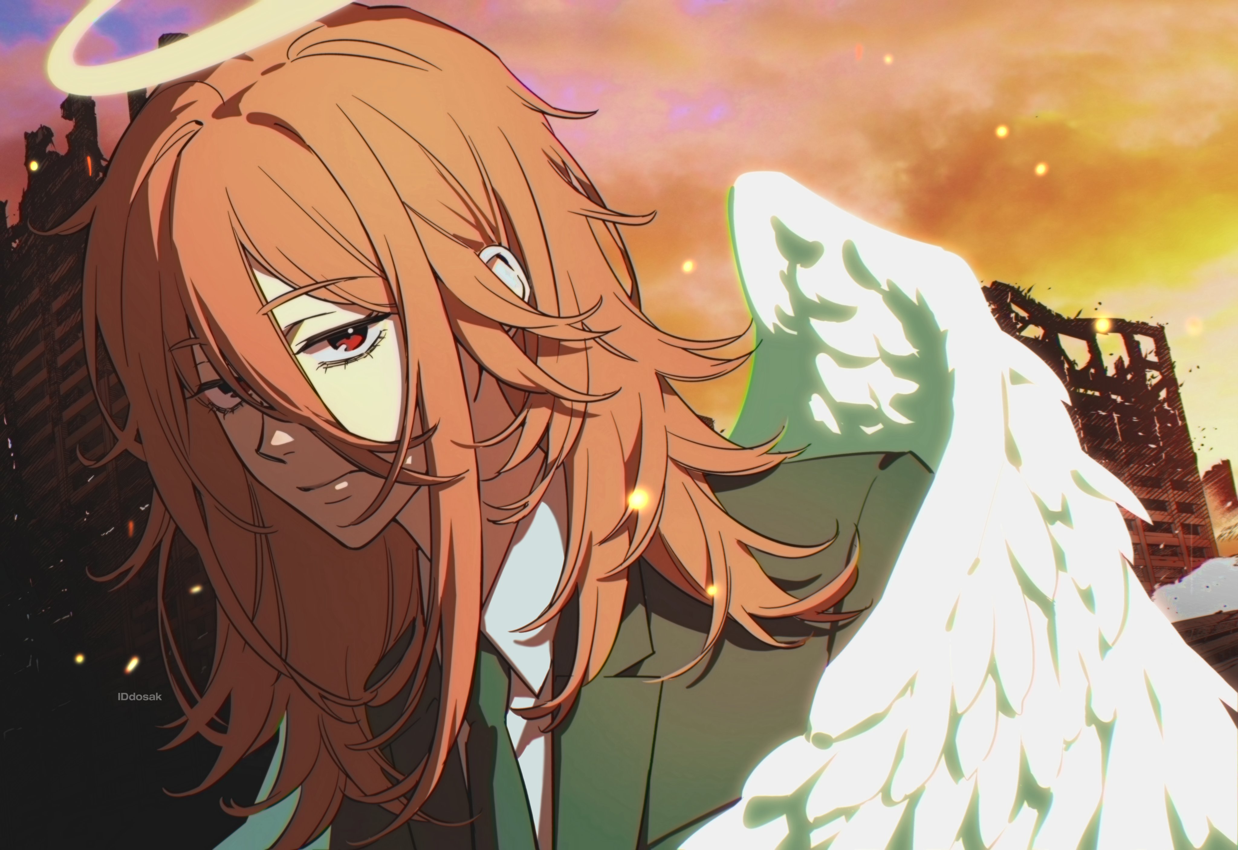 dosak, angel devil (chainsaw man), chainsaw man, absurdres, highres, 1boy, angel, angel wings, black necktie, black suit, brown hair, closed mouth, cloud, cloudy sky, collared shirt, evening, feathered wings, formal clothes, hair between eyes, halo, long hair, long hair between eyes, looking at viewer, male focus, necktie, outdoors, red eyes, ruins, shirt, sky, suit, traditional halo, upper body, white wings, wings