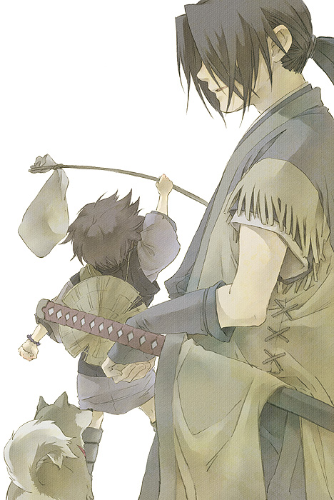 tame, kotarou (stranger), nanashi (stranger), tobimaru (stranger), stranger mukou hadan, bad id, bad pixiv id, 00s, 1boy, black hair, brown hair, dog, japanese clothes, katana, male focus, ribbon, sheath, sheathed, solo, sword, weapon