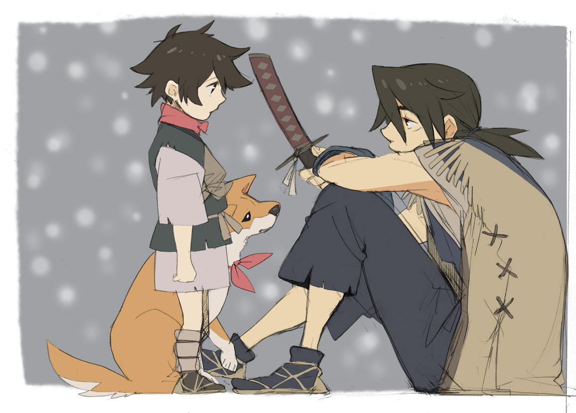 kitayama, kotarou (stranger), nanashi (stranger), tobimaru (stranger), stranger mukou hadan, bad id, bad pixiv id, 00s, 2boys, black hair, brown hair, dog, japanese clothes, katana, male focus, multiple boys, ribbon, sandals, shiba inu, sword, weapon