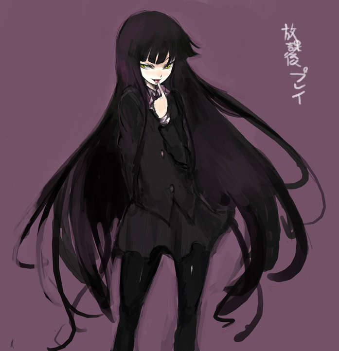 kasa (hitori sanka), female protagonist (houkago play), houkago play, 1girl, black hair, black pantyhose, female focus, long hair, miniskirt, naughty face, pantyhose, school uniform, simple background, skirt, slit pupils, solo, very long hair, yellow eyes