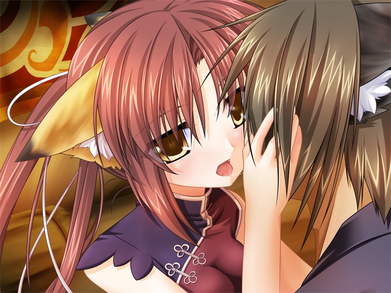 minazuki haruka, mio (relict2), relict2, game cg, 1boy, 1girl, animal ears, hetero, kiss, saliva, saliva trail