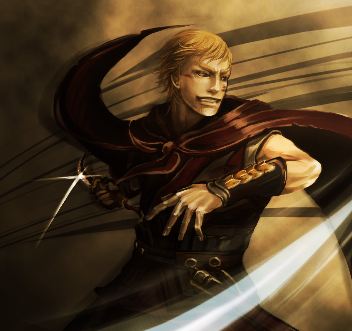 yon, rarou, stranger mukou hadan, blade, bad id, bad pixiv id, highres, 00s, 1boy, blonde hair, blood, cape, male focus, solo