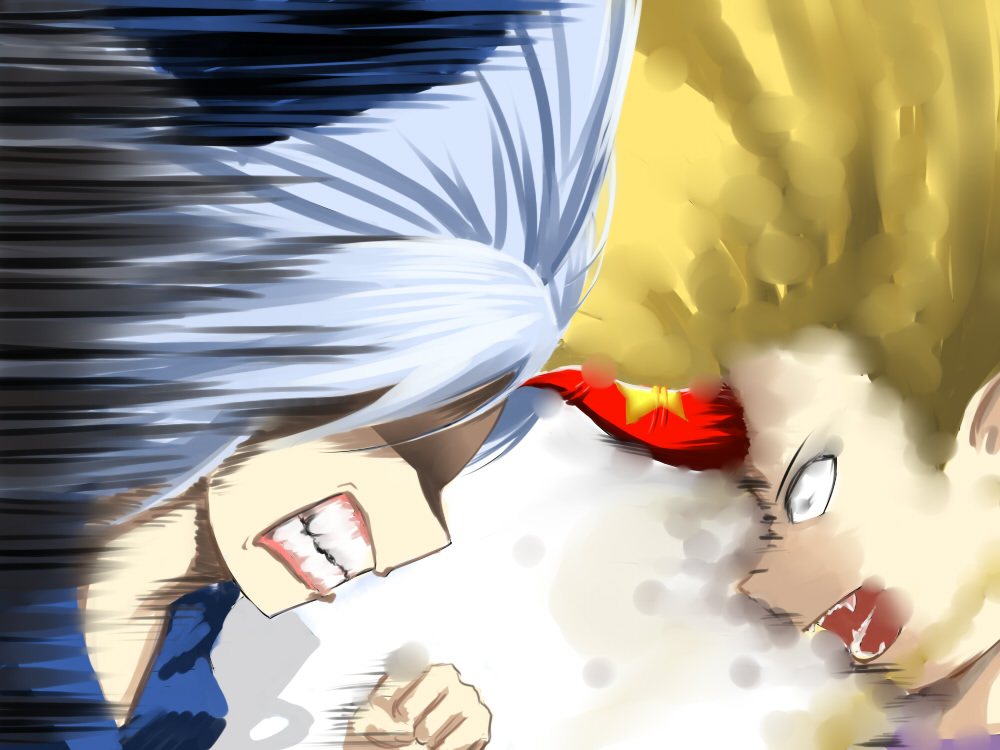 nonoedesuyo, hoshiguma yuugi, kamishirasawa keine, touhou, bad id, bad pixiv id, 2girls, blonde hair, blue hair, clenched hand, clenched teeth, fangs, female focus, headbutt, horns, long hair, motion blur, multiple girls, open mouth, single horn, teeth
