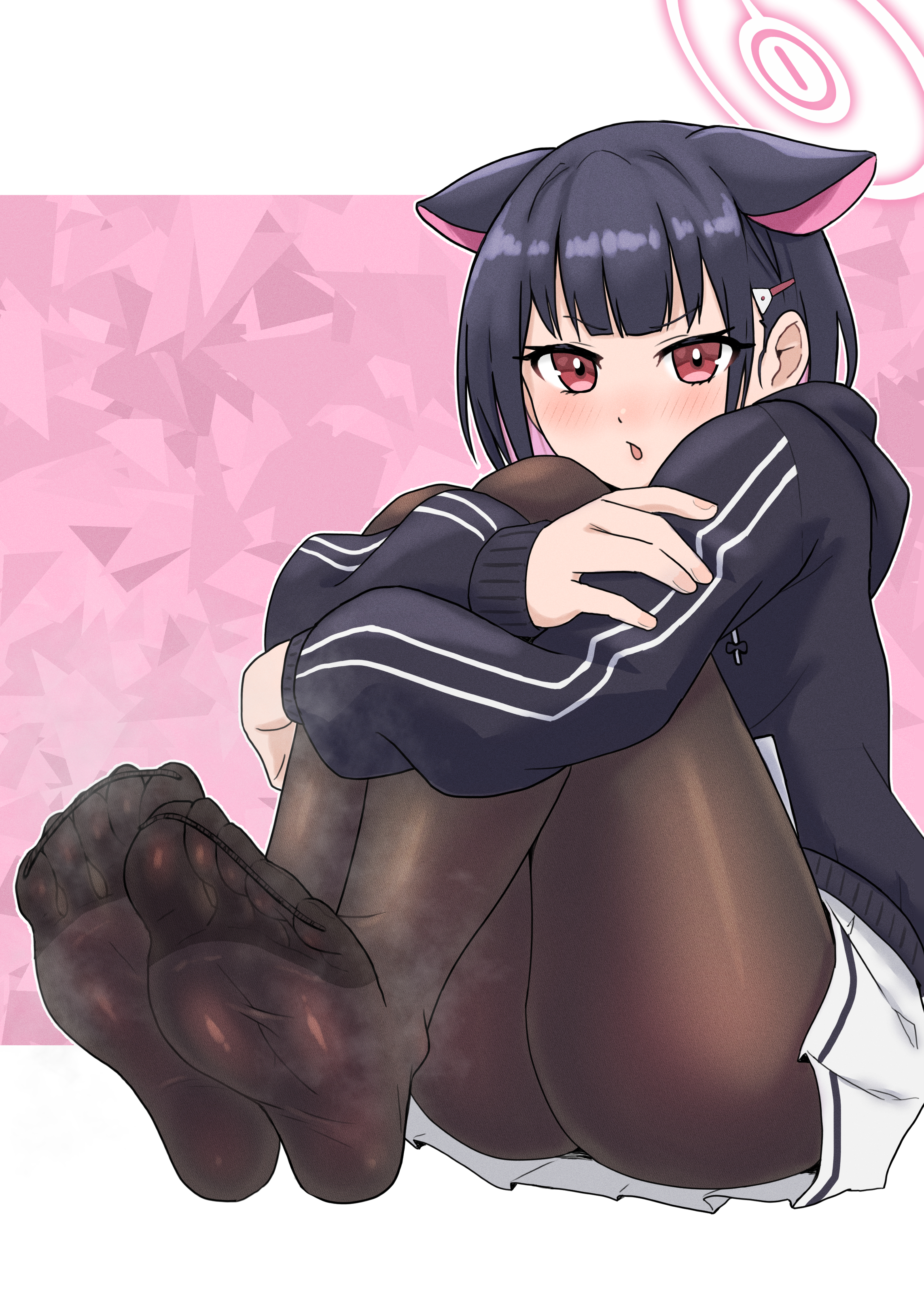 urin (littleurin), kazusa (blue archive), blue archive, absurdres, highres, 1girl, animal ears, black hair, blush, feet, hugging own legs, looking at viewer, medium hair, pantyhose, parted lips, red eyes, soles, steam, toes