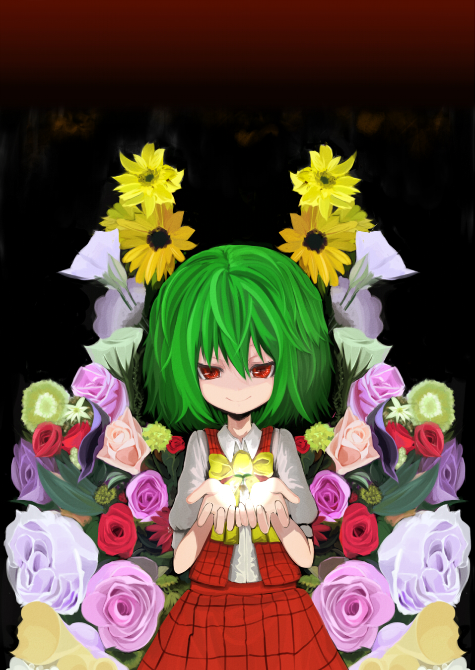 e.x.on, kazami yuuka, touhou, bad id, bad pixiv id, highres, 1girl, ascot, female focus, flower, green hair, no nose, orange flower, orange rose, pink flower, pink rose, plaid clothes, plaid skirt, plaid vest, purple flower, purple rose, red eyes, red flower, red rose, rose, shaded face, short hair, skirt, smile, solo, vest